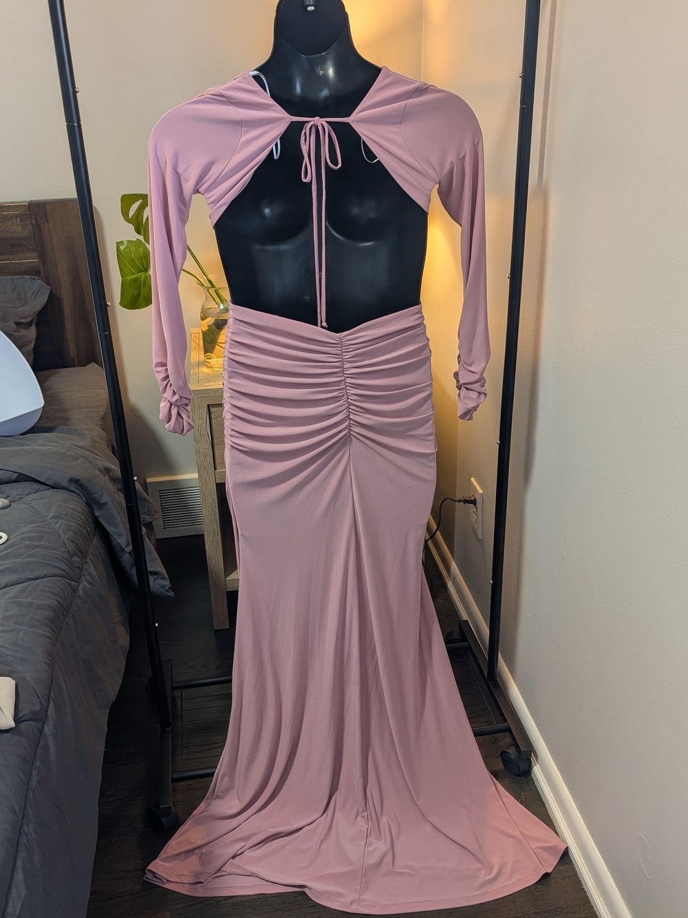 Windsor Dusty Rose Ruched Maxi Dress with Open Back Tie